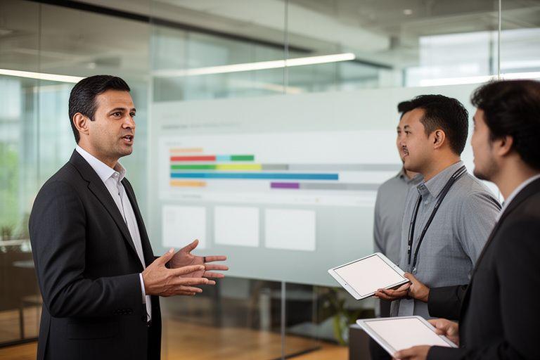 Managing partner speaking with engineers beside a mission timeline board in a glass-walled office